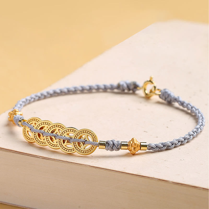 Buddha Stones Miedziana Moneta Drzewko Fortuny Perła Szczęścia Bransoletka Pleciona Niebieska Lina