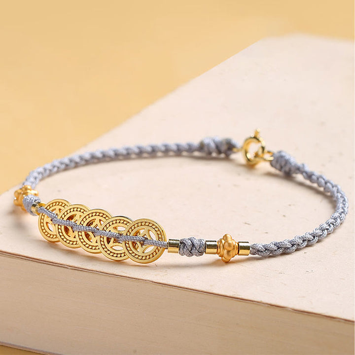 Buddha Stones Miedziana Moneta Drzewko Fortuny Perła Szczęścia Bransoletka Pleciona Niebieska Lina