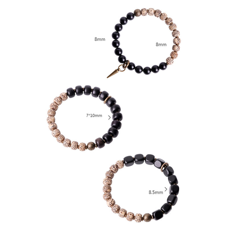 Buddha Stones Tybetańskie Nasiona Bodhi Czarny Obsydian Drewno Hebanowe Miedź Bransoletka Spokoju