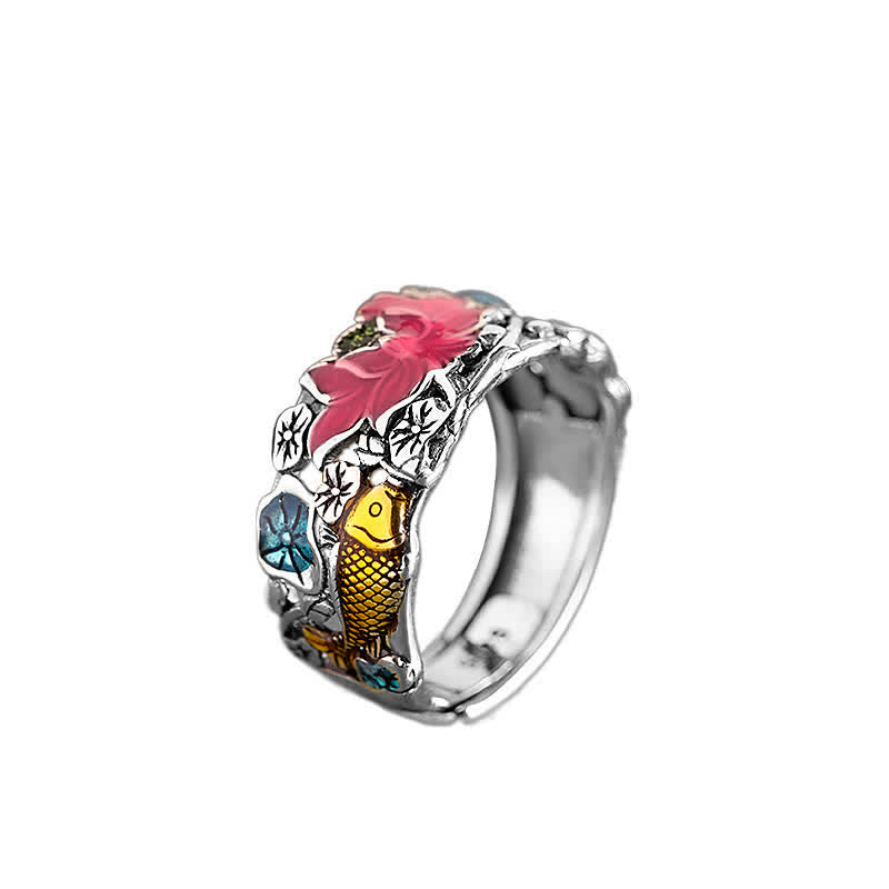 Pierścionek oświeceniowy Buddha Stones 925 Sterling Silver Lotus Koi Fish