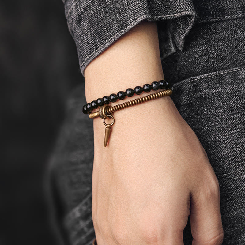 Bransoletka dwuwarstwowa z Buddha Stones, tęczowym obsydianem i miedzią, wewnętrzny spokój i uzdrawianie