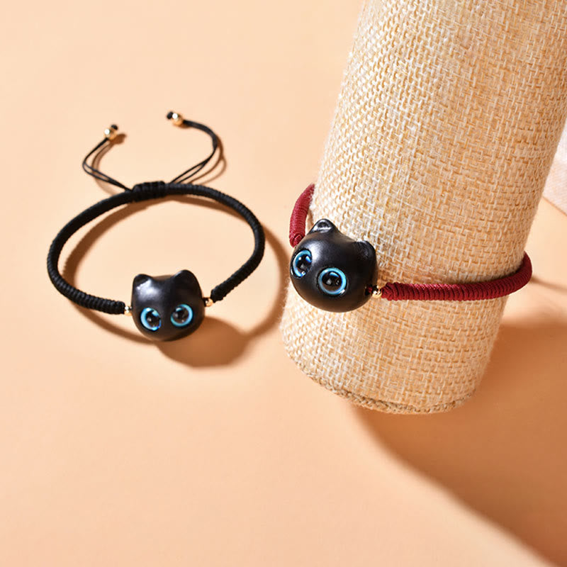 Buddha Stones Drewno Hebanowe Głowa Kota Wzór Pokoju King Kong Węzeł Bransoletka Pleciona - image 22