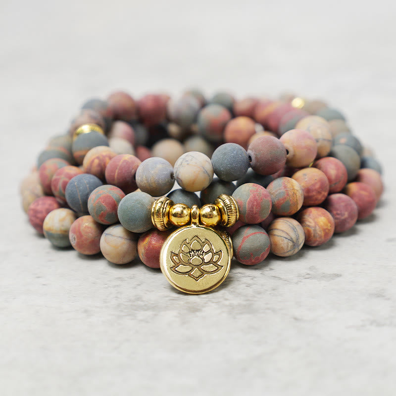 Buddha Stones 108 Mala Beads Picasso Jasper Stone Bransoletka Energetyczna Odwaga - image 1