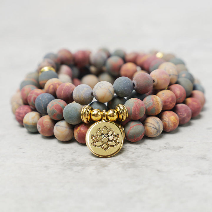 Buddha Stones 108 Mala Beads Picasso Jasper Stone Bransoletka Energetyczna Odwaga - image 1