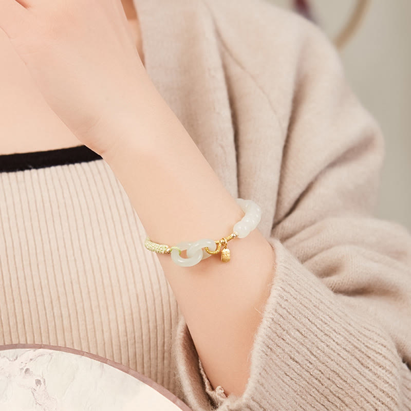 Buddha Stones Naturalne Koraliki Jadeitu Hetian Podwójna Klamra Pokoju Fu Charakter Obfitości Bransoletka Pleciona