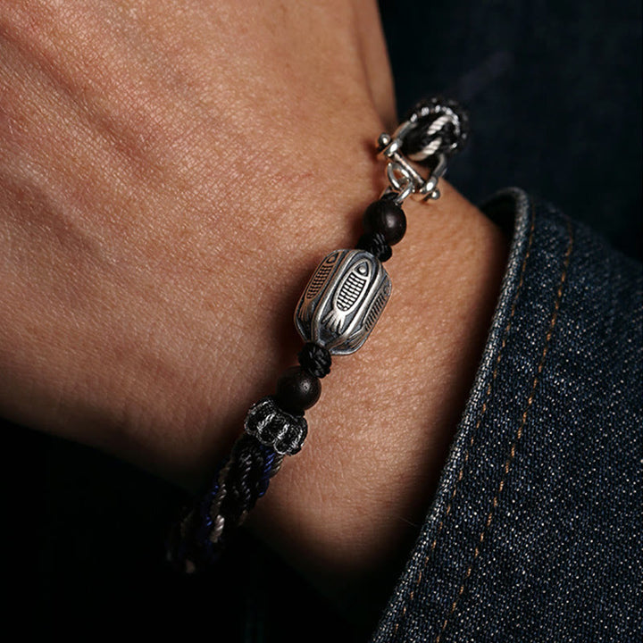 Bransoletka z Buddha Stones 925 ze srebra próby 925 z rybą Koi i bogactwem reinkarnacji, węzeł warkoczowy