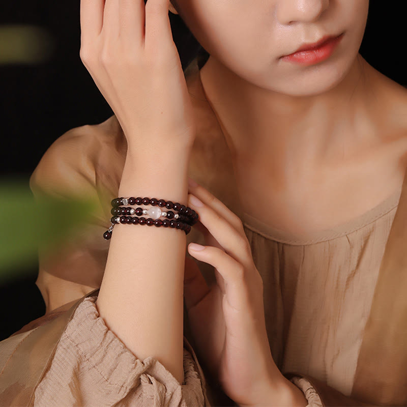 Bransoletka Buddha Stones 925 Sterling Silver Natural Garnet Cat Eye Protection Triple Wrap - image 4