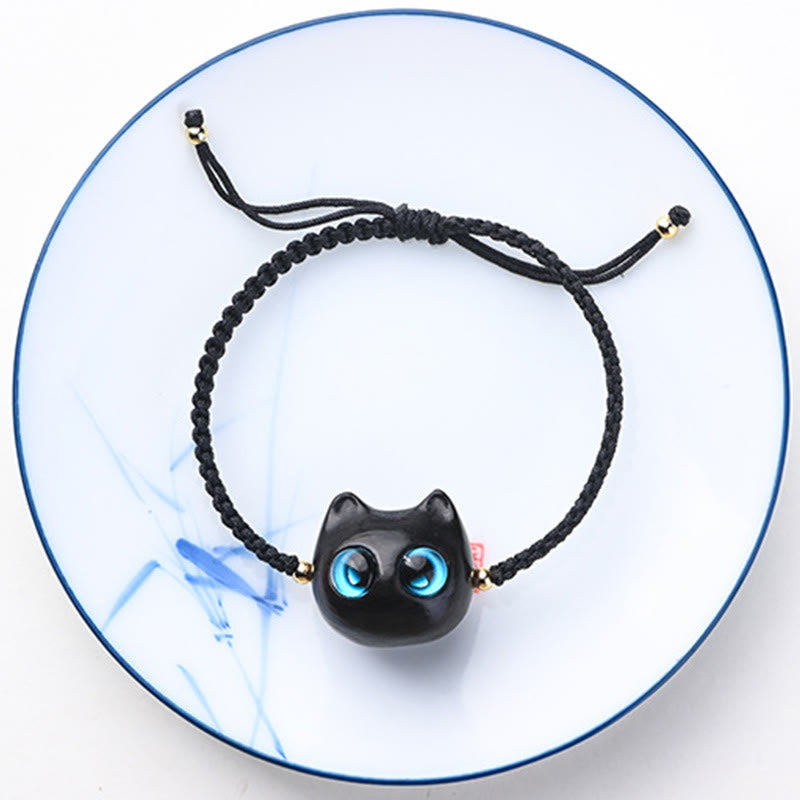 Buddha Stones Mały liść Czerwony sandałowiec Drewno hebanowe Słodka głowa kota Spokojna ochrona Bransoletka pleciona - image 12