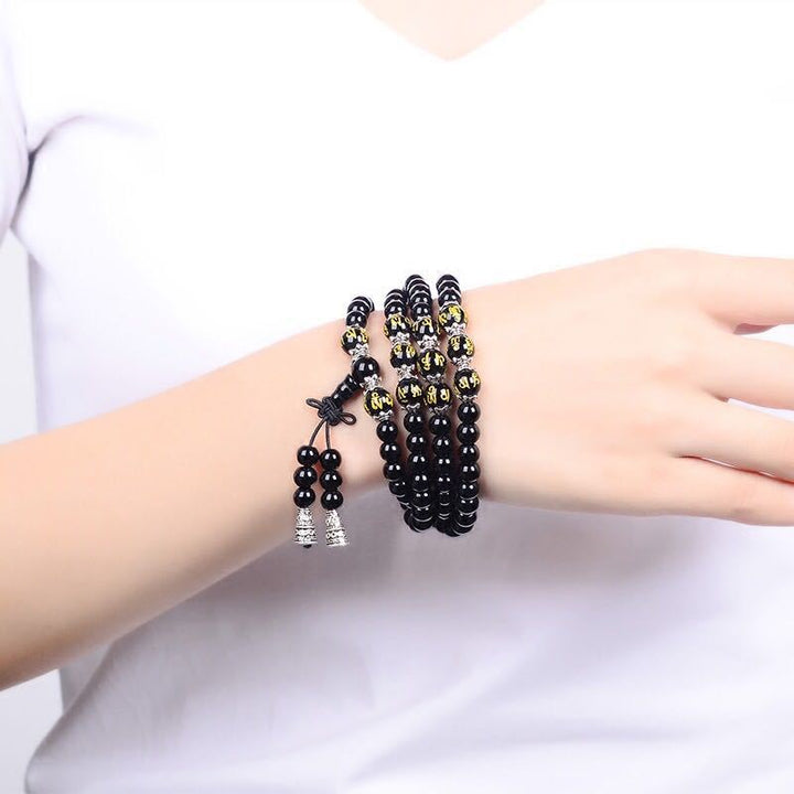 Bransoletka Mala z Buddha Stones Czarny Obsydian Sześć Prawdziwych Słów Ochronnych