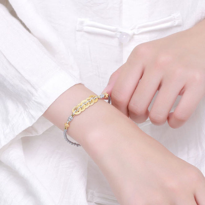 Buddha Stones Miedziana Moneta Drzewko Fortuny Perła Szczęścia Bransoletka Pleciona Niebieska Lina