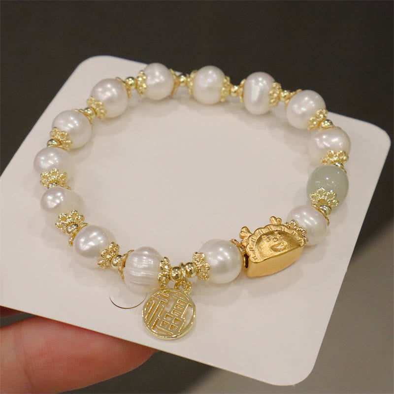 Buddha Stones Rok Smoka Czerwony Agat Kwarc Truskawkowy Czarny Obsydian Jadeit Granat Perła Cynober Pierożek Smok Szczęście Fu Bransoletka - Perła (obwód nadgarstka 14-19 cm) - image 28