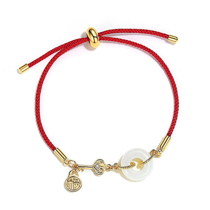Buddha Stones 18K pozłacane Hetian Jade Peace Buckle Fu Character Luck Red Rope Bracelet