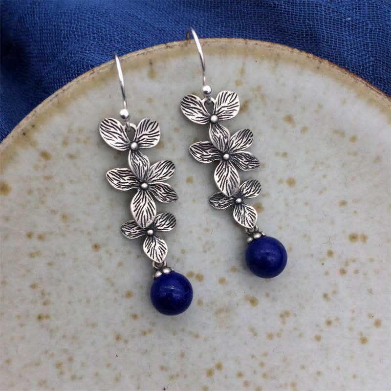 Kolczyki Buddha Stones 925 Srebro Sterling Turkus Lazuryt Kwiat Liść Ochrona Serenity Hook Drop Dangle