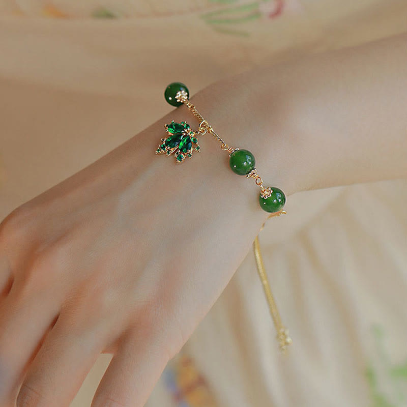 Bransoletka Buddha Stones 14k Gold Plated Green Chalcedon Maple Leaf Courage Strength