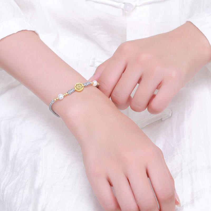 Buddha Stones Miedziana Moneta Drzewko Fortuny Perła Szczęścia Bransoletka Pleciona Niebieska Lina