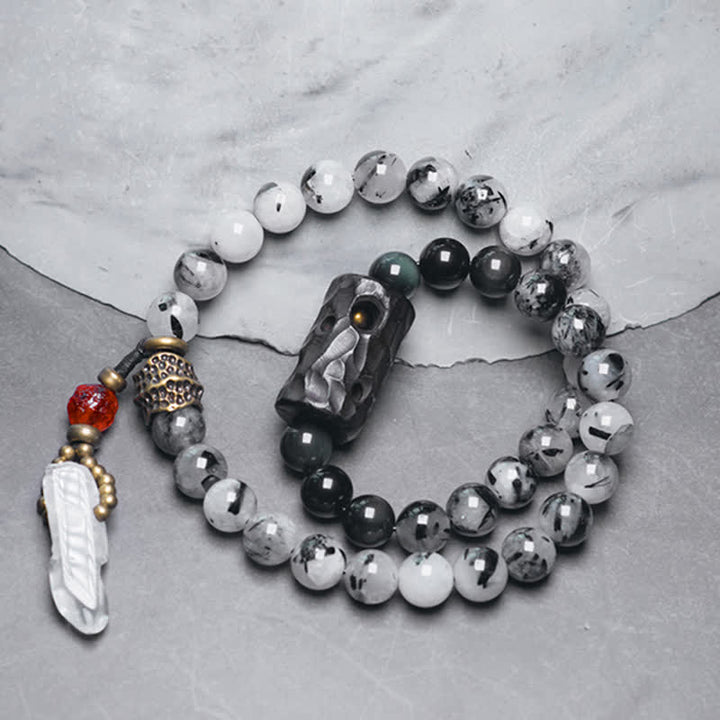 Bransoletka dla pary z czarnego kwarcu rutylowego, drewna hebanowego i białego kryształu