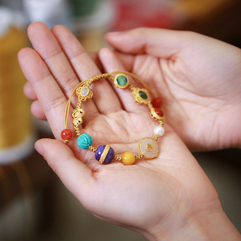 Bransoletka szczęścia z naturalnego srebra próby 925, jadeitu hetyjskiego, bursztynu i czerwonego agatu