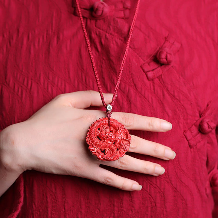 Buddha Stones Rok Smoka 925 Srebro Sterling Naturalny Cynober Miedziana Moneta Naszyjnik Szczęścia Wisiorek