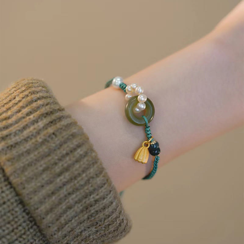 Buddha Stones Naturalny Jadeit Hetian Klamra Pokoju Perła Szczęścia Ręcznie Robiona Bransoletka Pleciona