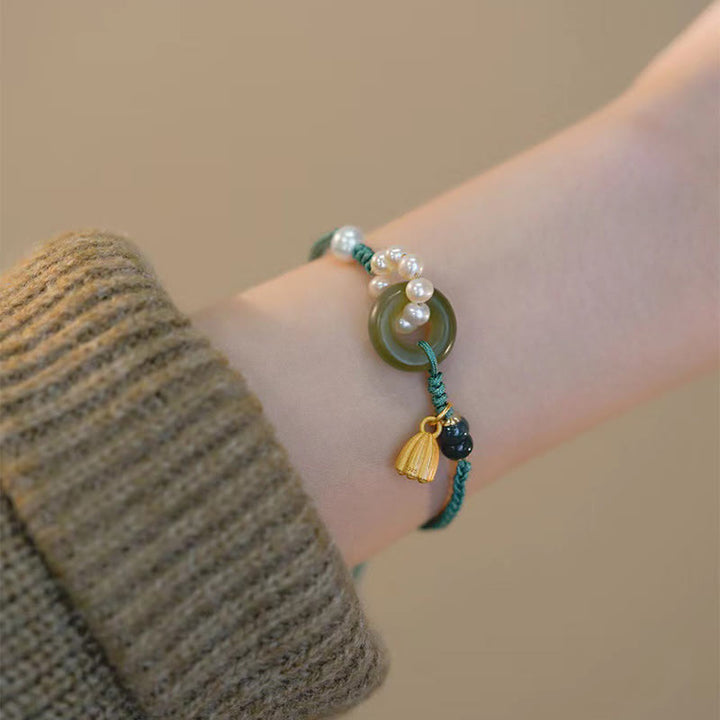 Buddha Stones Naturalny Jadeit Hetian Klamra Pokoju Perła Szczęścia Ręcznie Robiona Bransoletka Pleciona