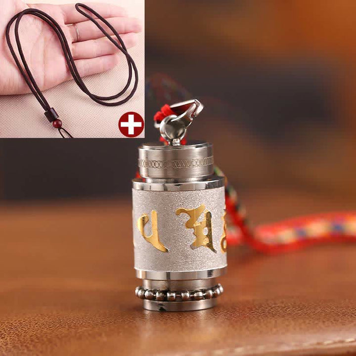 Buddha Stones Tybet Om Mani Padme Hum Shurangama Mantra Tytanowa stal Mądrość Amulet Naszyjnik Wisiorek - 1,4*2,4 cm - Srebrny - Brązowy sznurek - image 28