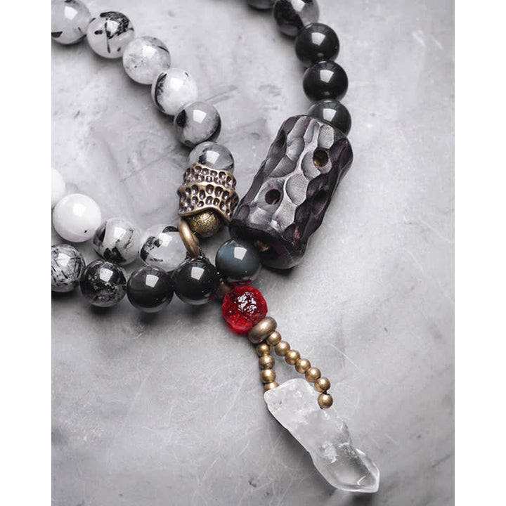 Bransoletka dla pary z czarnego kwarcu rutylowego, drewna hebanowego i białego kryształu