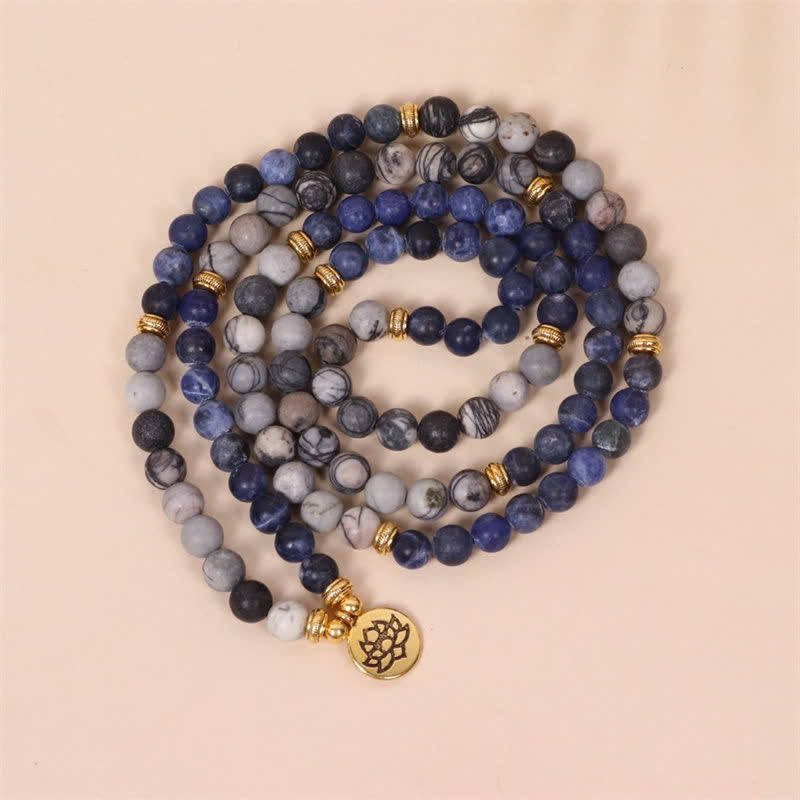 Buddha Stones 108 Mala Beads Sodalit Zebra Jasper Kryształ Lotus Strength Bransoletka