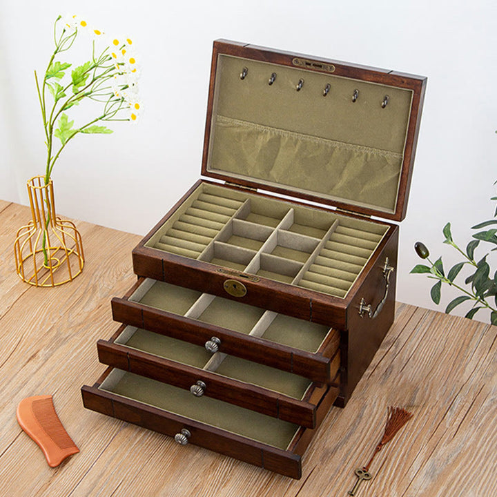 Pudełko na biżuterię z litego drewna w stylu retro z Buddha Stones, czterowarstwowe, drewniane pudełko do przechowywania biżuterii