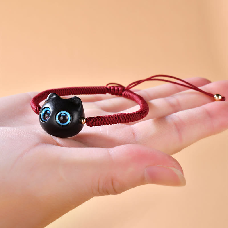 Buddha Stones Drewno Hebanowe Głowa Kota Wzór Pokoju King Kong Węzeł Bransoletka Pleciona - image 5