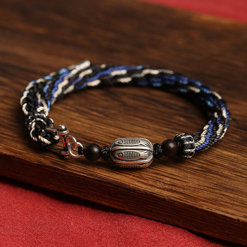 Bransoletka z Buddha Stones 925 ze srebra próby 925 z rybą Koi i bogactwem reinkarnacji, węzeł warkoczowy