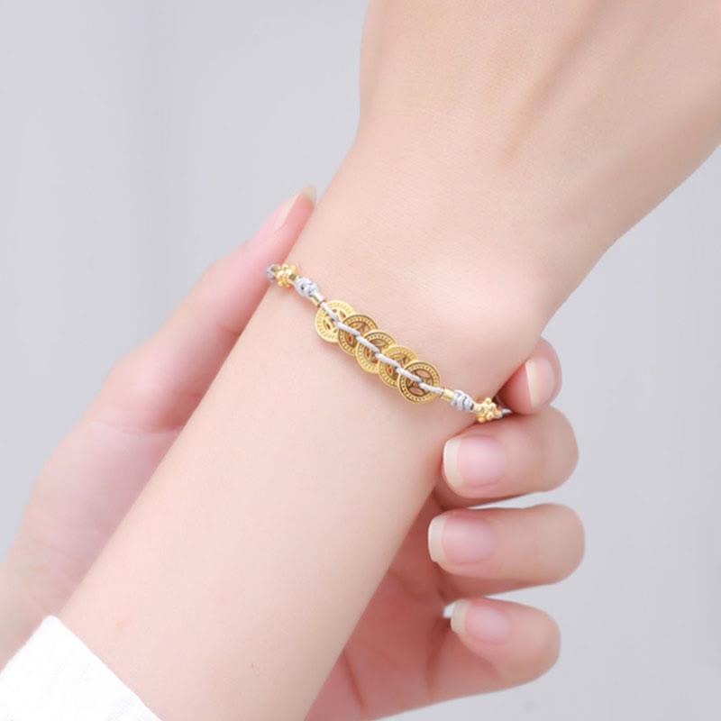 Buddha Stones Miedziana Moneta Drzewko Fortuny Perła Szczęścia Bransoletka Pleciona Niebieska Lina