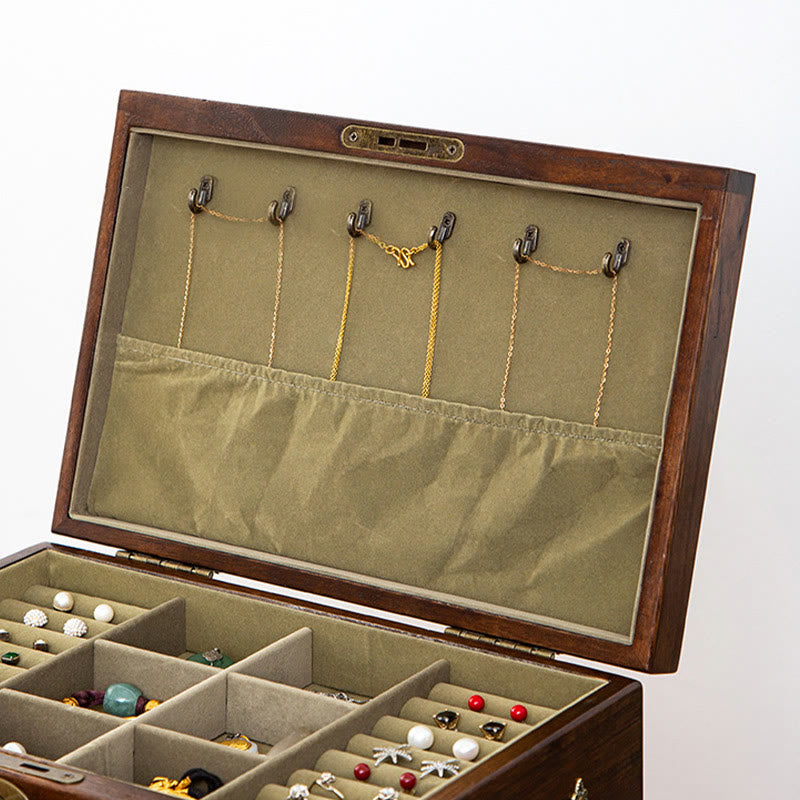 Pudełko na biżuterię z litego drewna w stylu retro z Buddha Stones, czterowarstwowe, drewniane pudełko do przechowywania biżuterii