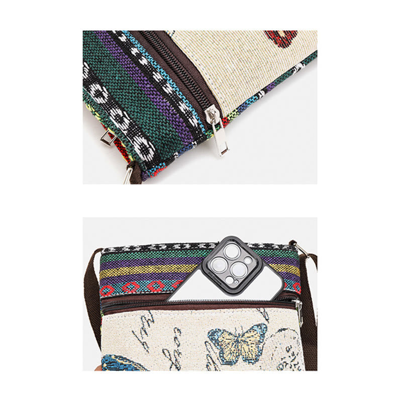 Buddha Stones Słoń Motyl Haftowana Płócienna Torba Tote Torba Na Ramię Torba Crossbody