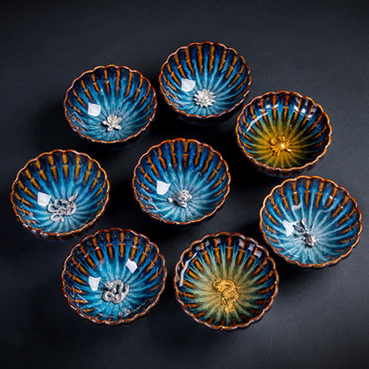 Buddha Stones Lotos Złota Rybka Pomyślny Smok Feniks Ceramiczny Filiżanka Do Herbaty Intarsjowane Filiżanki Do Herbaty 130ml