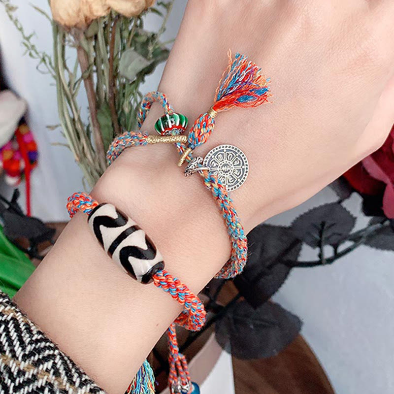 Bransoletka Om Mani Padme Hum z koralików Tybetańskich 925 Sterling Silver, ręcznie robiona Dzi Bead Protection Braid