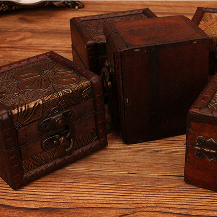 Buddha Stones Retro Małe Kwadratowe Drewniane Pudełko Na Biżuterię Kwiat Lotosu Trawa Winogrono Miedziana Moneta Żonkil Pudełko Do Przechowywania Biżuterii