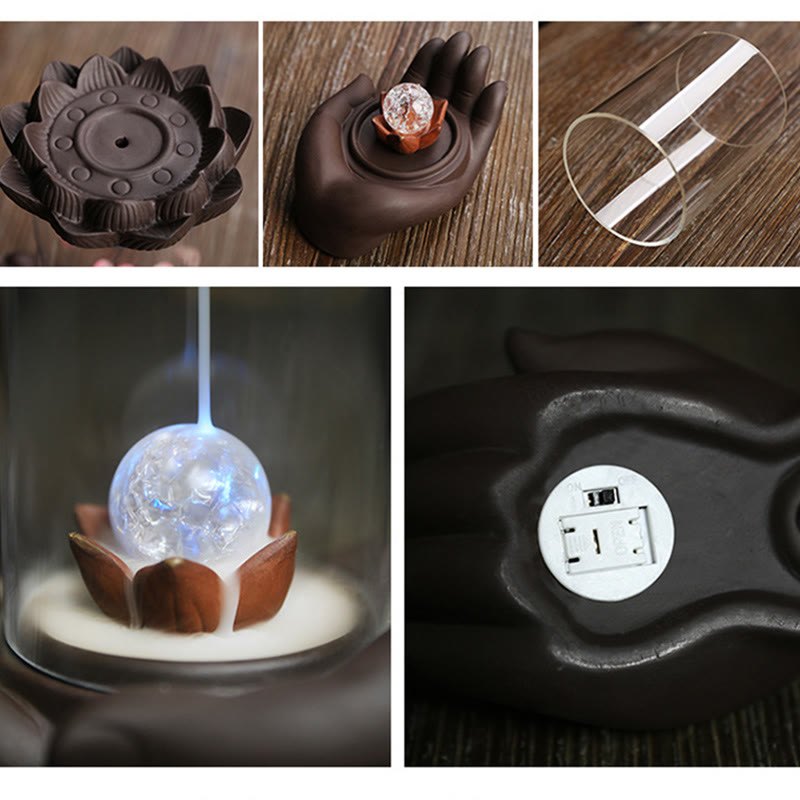 Buddha Stones Ręka Buddy Lotos Oświecenie Światło LED Fioletowa Glina Ceramiczna Kadzielnica Dekoracja