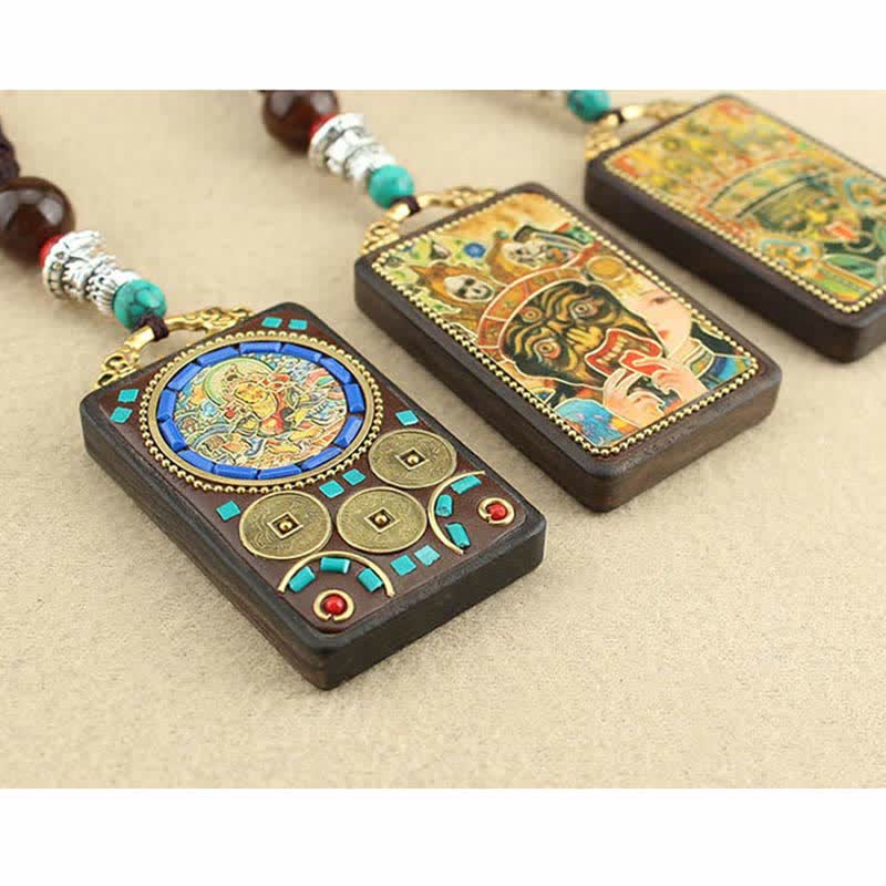 Buddha Stones Tybet Bóg Bogactwa Thangka Ebony Naszyjnik Pokój Wisiorek