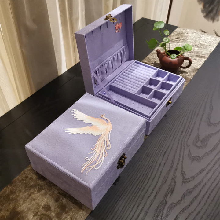 Pudełko na biżuterię Buddha Stones Fioletowy Feniks Organizator Dwuwarstwowe Pudełko do przechowywania biżuterii Flanelowe pudełko