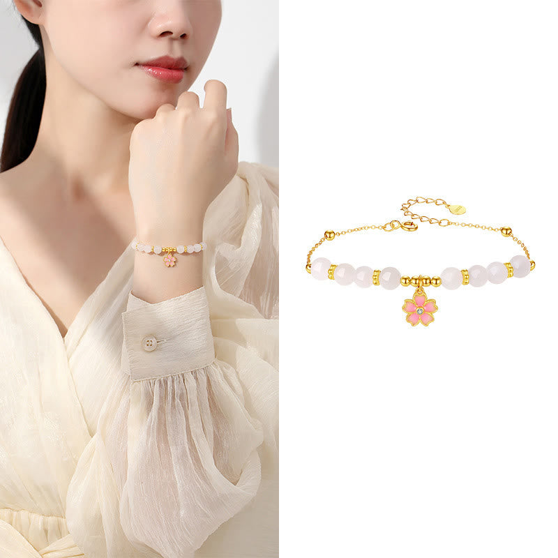 Bransoletka ochronna Buddha Stones 925 Sterling Silver Hetian White Jade Cherry Blossom