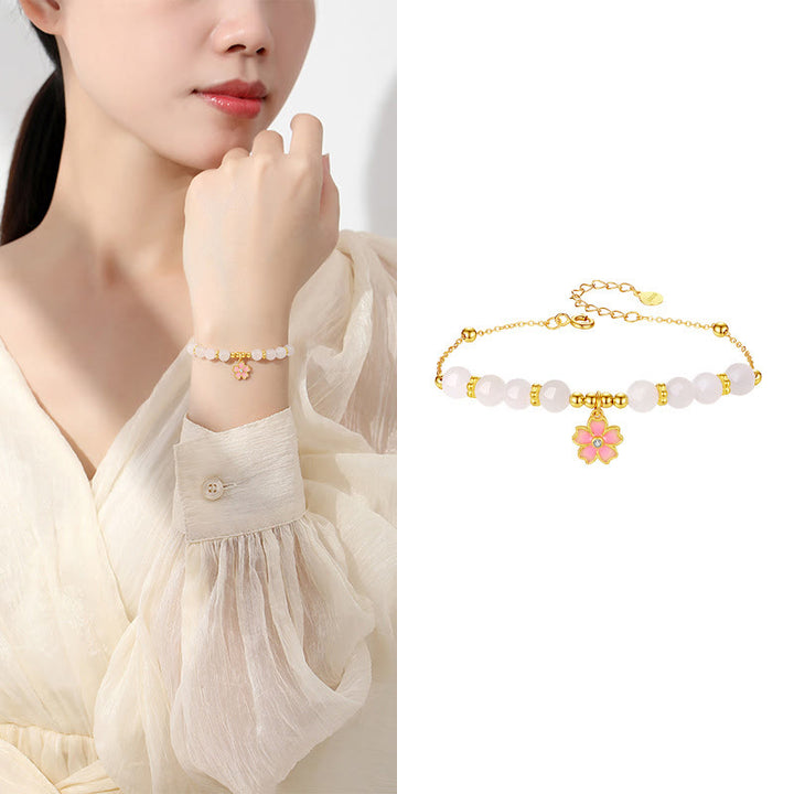 Bransoletka ochronna Buddha Stones 925 Sterling Silver Hetian White Jade Cherry Blossom