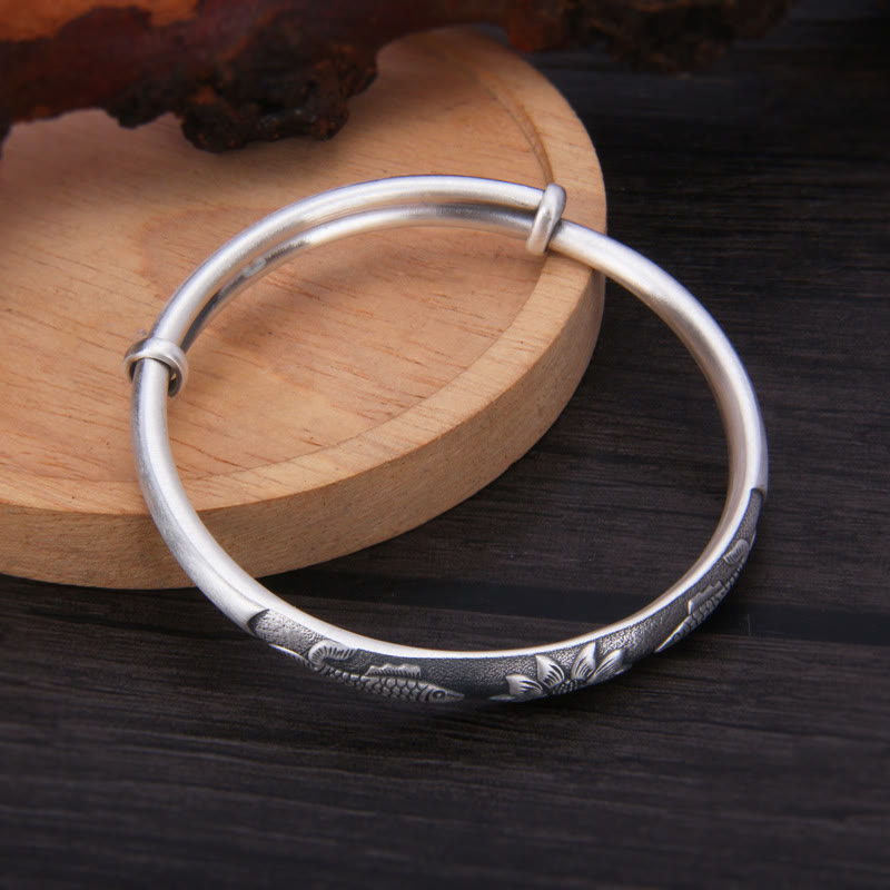 Buddha Stones 999 Srebro Sterling Ryba Koi Lotos Bogactwo Szczęście Bransoletka Bangle