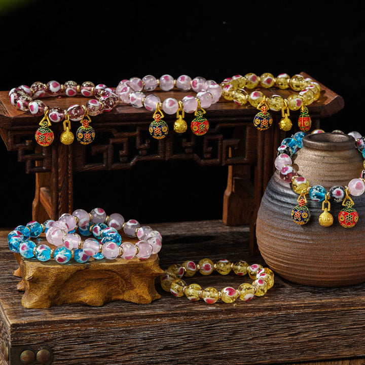 Buddha Stones Złote Połykające Bestie Rodzina Różowe Serce Miłości Świecące Fluorescencyjne Bransoletka z Koralików Szklanych Liuli