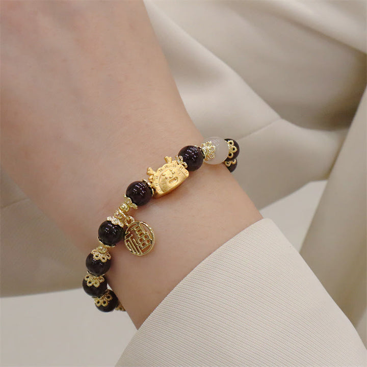 Buddha Stones Rok Smoka Czerwony Agat Kwarc Truskawkowy Czarny Obsydian Jadeit Granat Perła Cynober Pierożek Smok Szczęście Fu Bransoletka - image 26