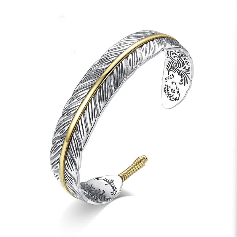 Buddha Stones Wzór Piór Rzeźbiony Szczęście Bogactwo Mankiet Bransoletka Bangle