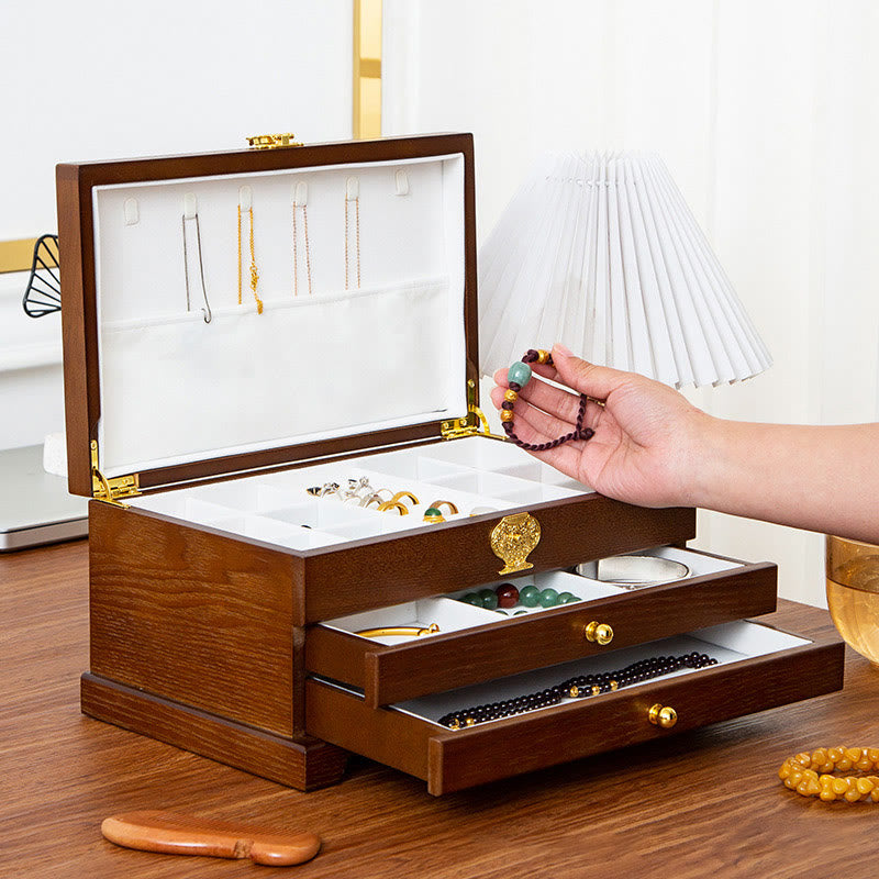 Drewniane pudełko na biżuterię w stylu retro z Buddha Stones, trójwarstwowe pudełko do przechowywania biżuterii