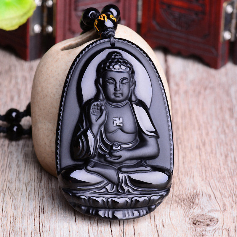 Buddha Stones Chiński Zodiak Obsydian Budda Amulet Ochrona Wisiorek Naszyjnik - image 8