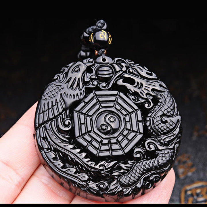Buddha Stones Naszyjnik z wisiorkiem Bagua Dragon Phoenix Obsydian Spełnienie - image 11