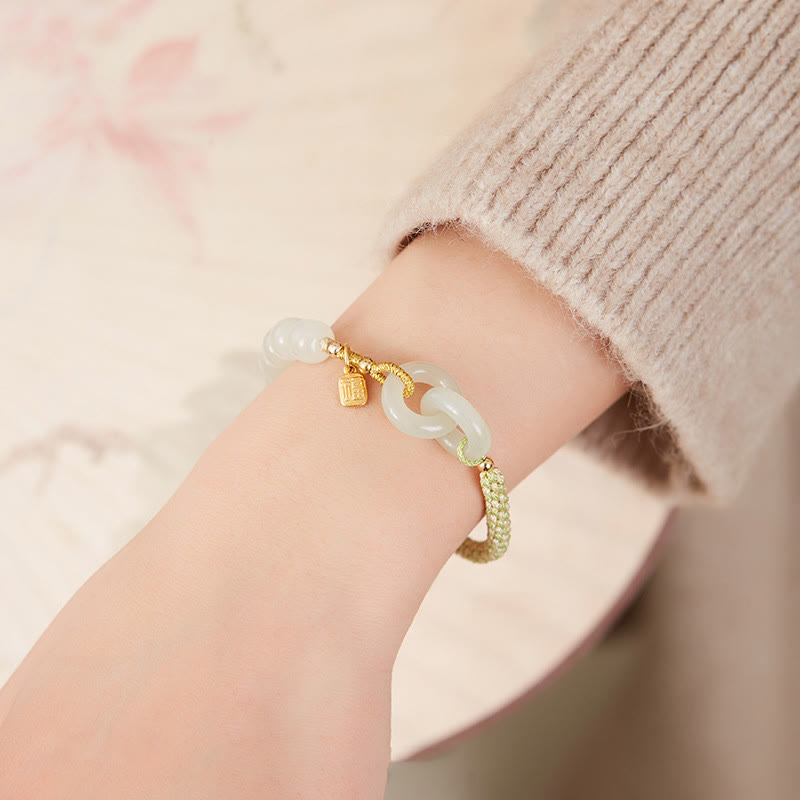 Buddha Stones Naturalne Koraliki Jadeitu Hetian Podwójna Klamra Pokoju Fu Charakter Obfitości Bransoletka Pleciona