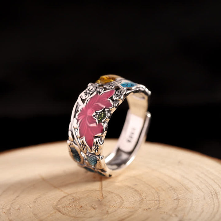 Pierścionek oświeceniowy Buddha Stones 925 Sterling Silver Lotus Koi Fish